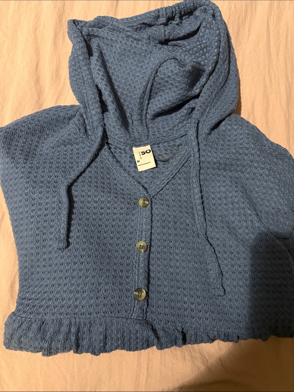 SO Dusty Blue Hooded Knit with Ruffle Hem